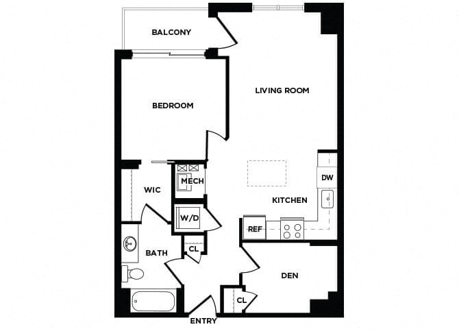 Floor plan for 1 bed, 1 bath, 808 sqft